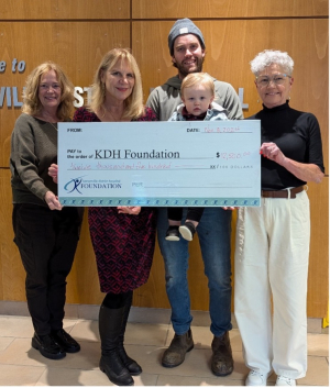 The Holmes family donated $12,500 to the CT Scanner Campaign from the Greg Holmes Memorial Golf Tournament held Sept. 20, 2024.  Seen here (l-r) Joanne Mavis, KDH Foundation ED, Margret Norenberg, KDH Foundation Board Chair, Brett Holmes with son, Tate Holmes, and Kathy Holmes.