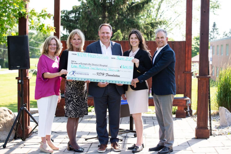 Seen here at the CT Scanner groundbreaking ceremony, holding the $1.6 million cheque, (l-r) Joanne Mavis, ED, KDH Foundation; Margret Norenberg, Chair, KDH Foundation Board of Directors; Jeff Nolan, Chair, KDH Board of Directors; Brittany Rivard, KDH CFO and VP Operations and Frank Vassallo, CEO KDH.